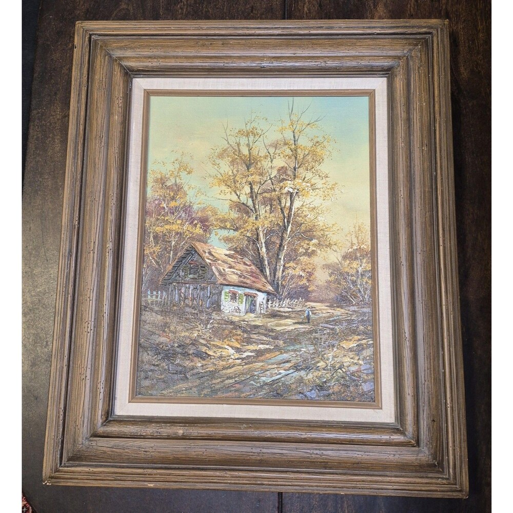 Rustic Landscape Oil Painting Signed Richard Schiller House Trees Framed Art